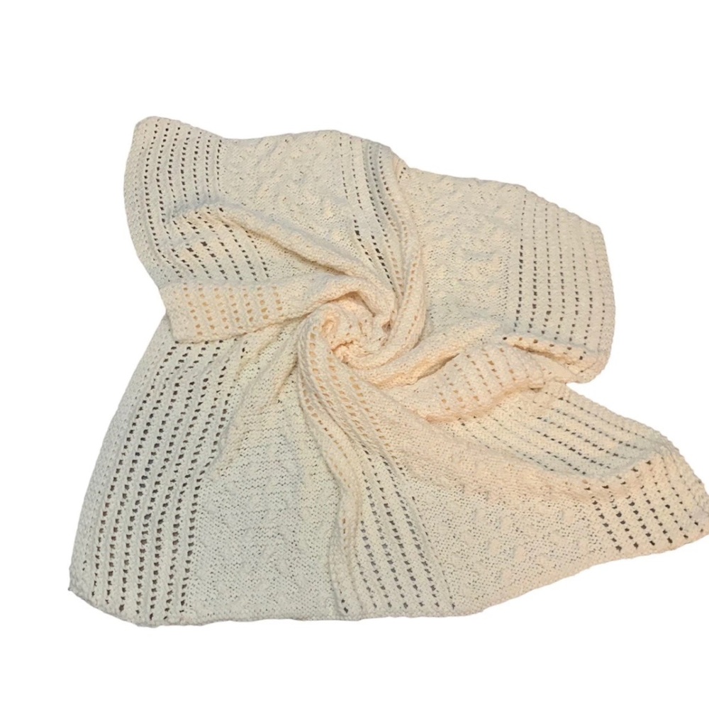 Handmade Hand Knit Blanket Solid Cream Cable Open Weave Bulky 50" X 60" NEW
